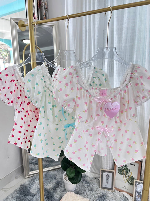 Cute Print Round Neck Bow Decor Tops